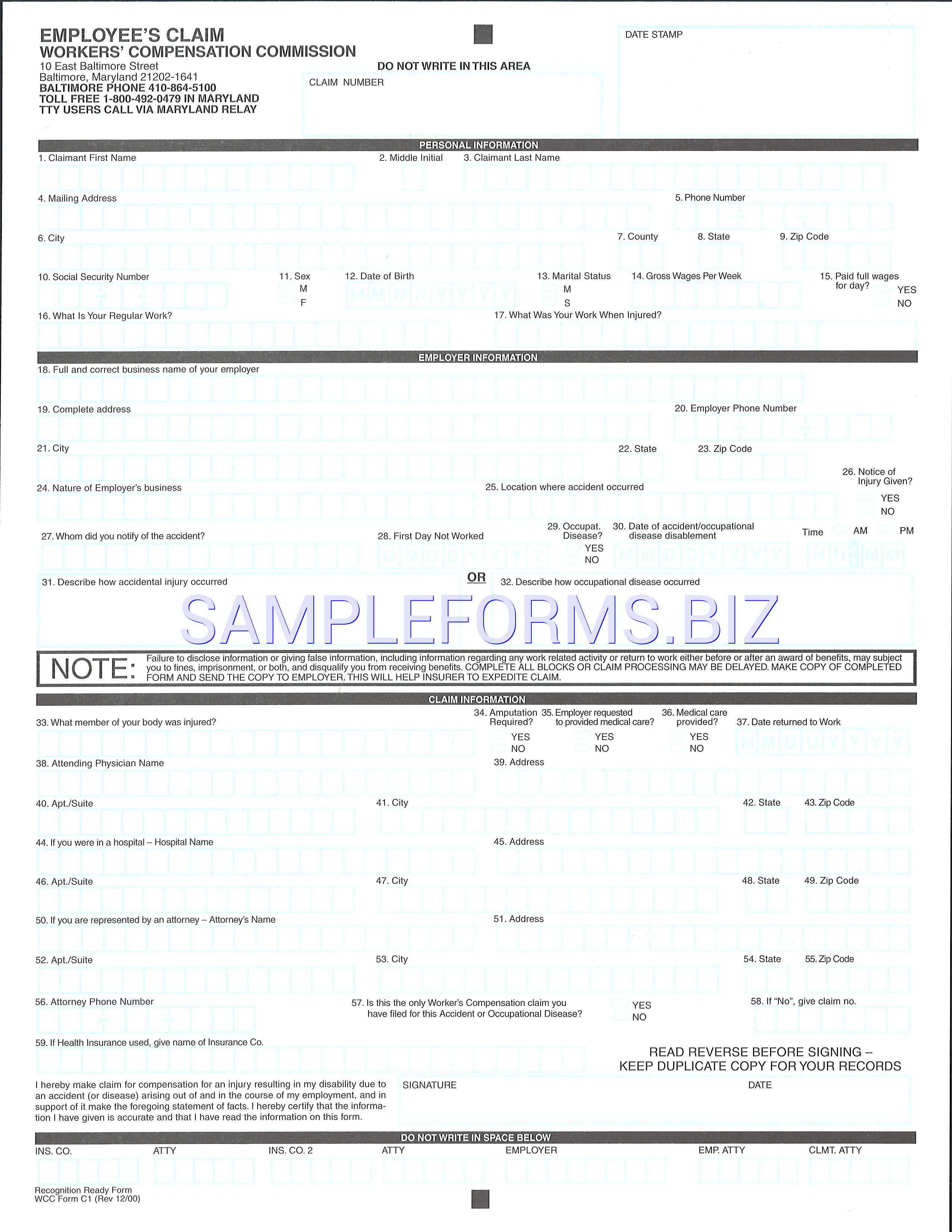 Preview free downloadable Maryland Employee's Claim Form in PDF (page 1)
